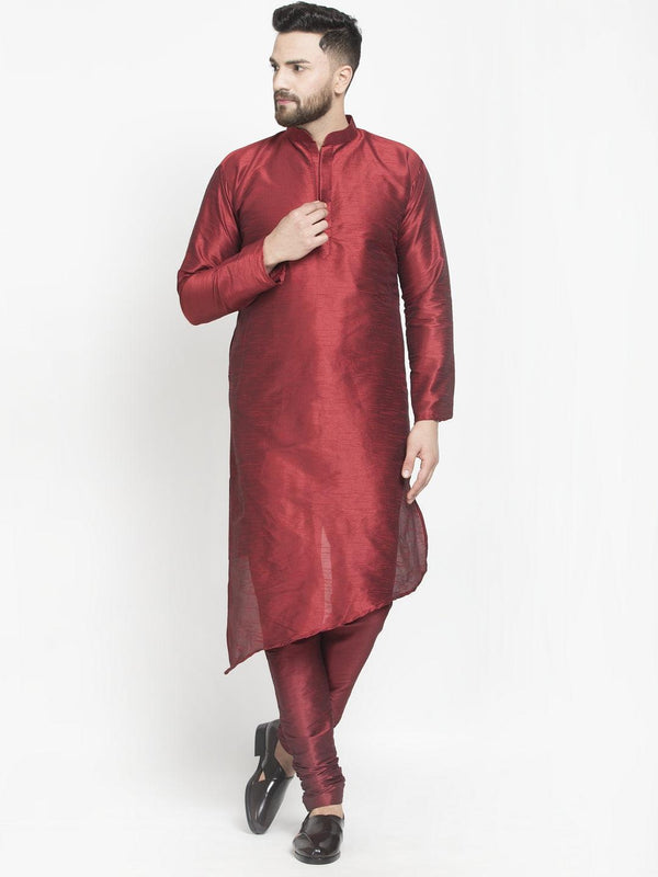 Men's Maroon Solid Asymmetric Kurta With Churidaar Pyjama - Benstoke - Indiakreations