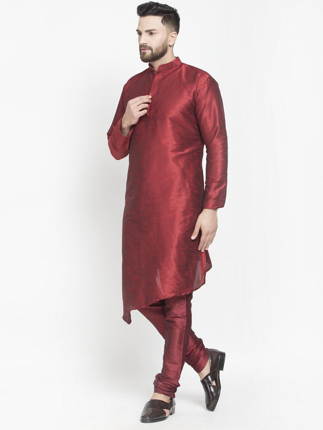 Men's Maroon Solid Asymmetric Kurta With Churidaar Pyjama - Benstoke - Indiakreations