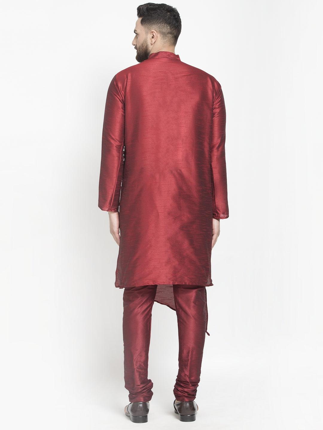 Men's Maroon Solid Asymmetric Kurta With Churidaar Pyjama - Benstoke - Indiakreations