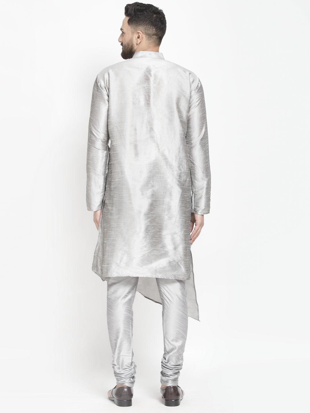 Men's Grey Solid Asymmetric Kurta With Churidaar Pyjama - Benstoke - Indiakreations