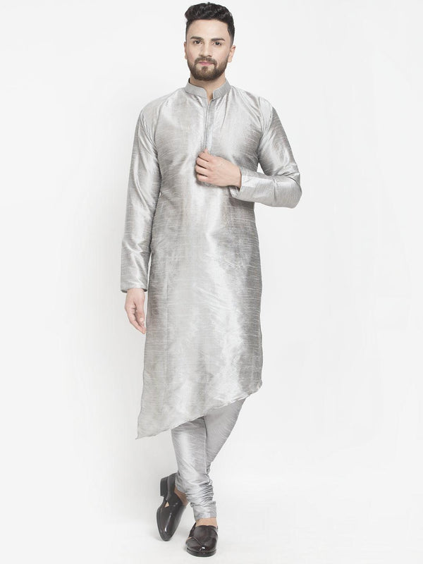 Men's Grey Solid Asymmetric Kurta With Churidaar Pyjama - Benstoke - Indiakreations