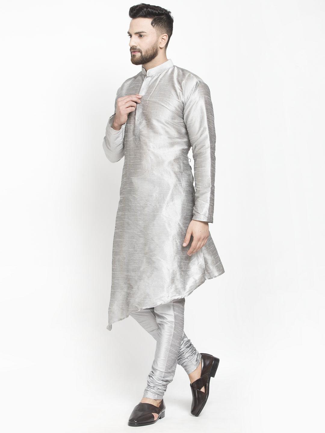 Men's Grey Solid Asymmetric Kurta With Churidaar Pyjama - Benstoke - Indiakreations