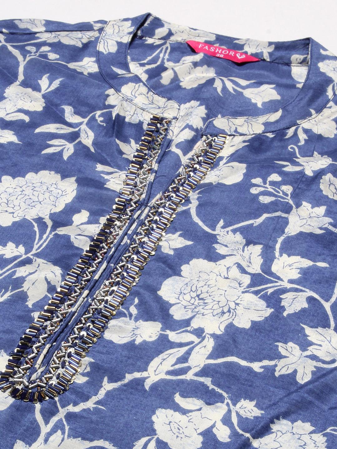 Floral Printed & Embroidered Straight Kurta with Pant & Dupatta - Blue - Indiakreations