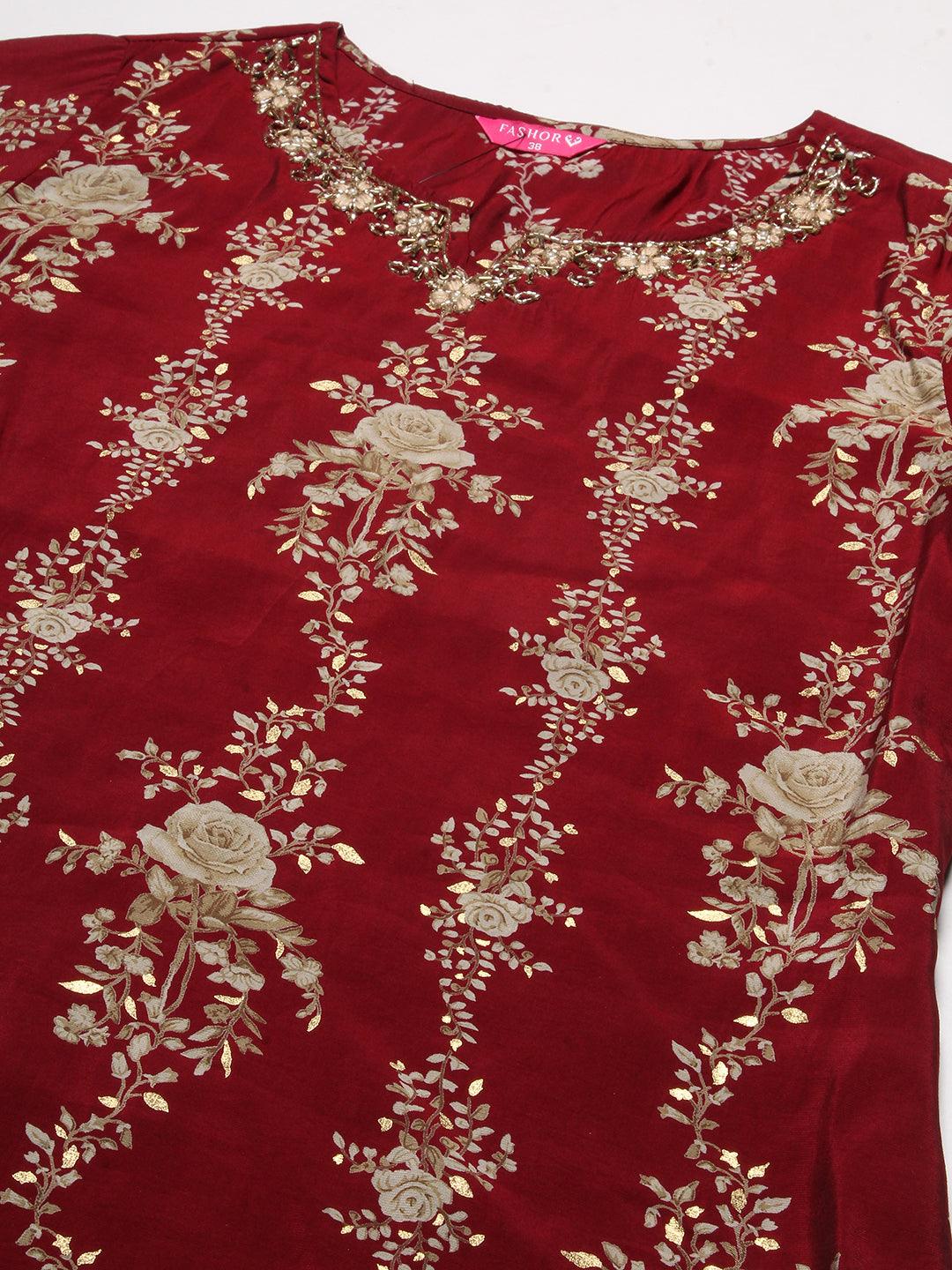 Floral Printed & Embroidered Straight Kurta with Palazzo & Dupatta - Maroon - Indiakreations