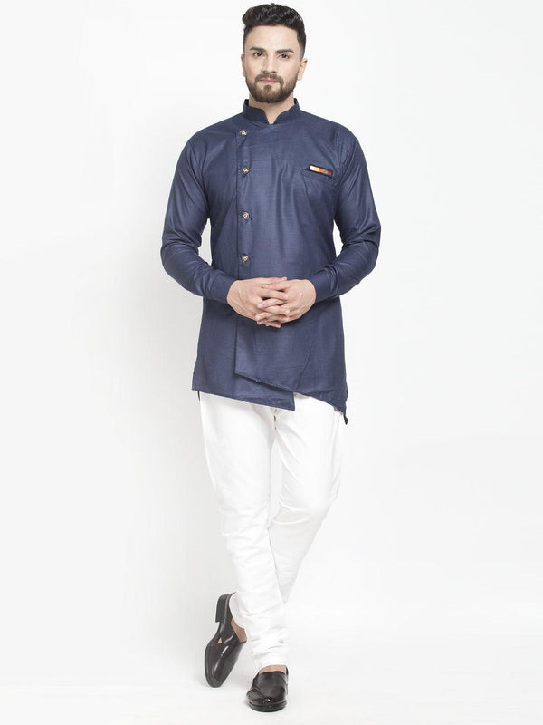 Men's Navy Blue Solid Short Kurta With White Pyjama - Benstoke - Indiakreations