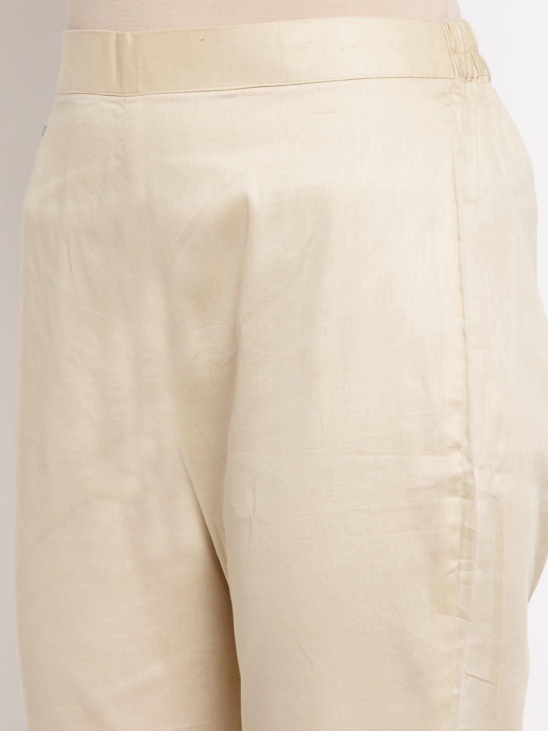 Women's Cream Cotton Solid Casual Trouser - Myshka - Indiakreations
