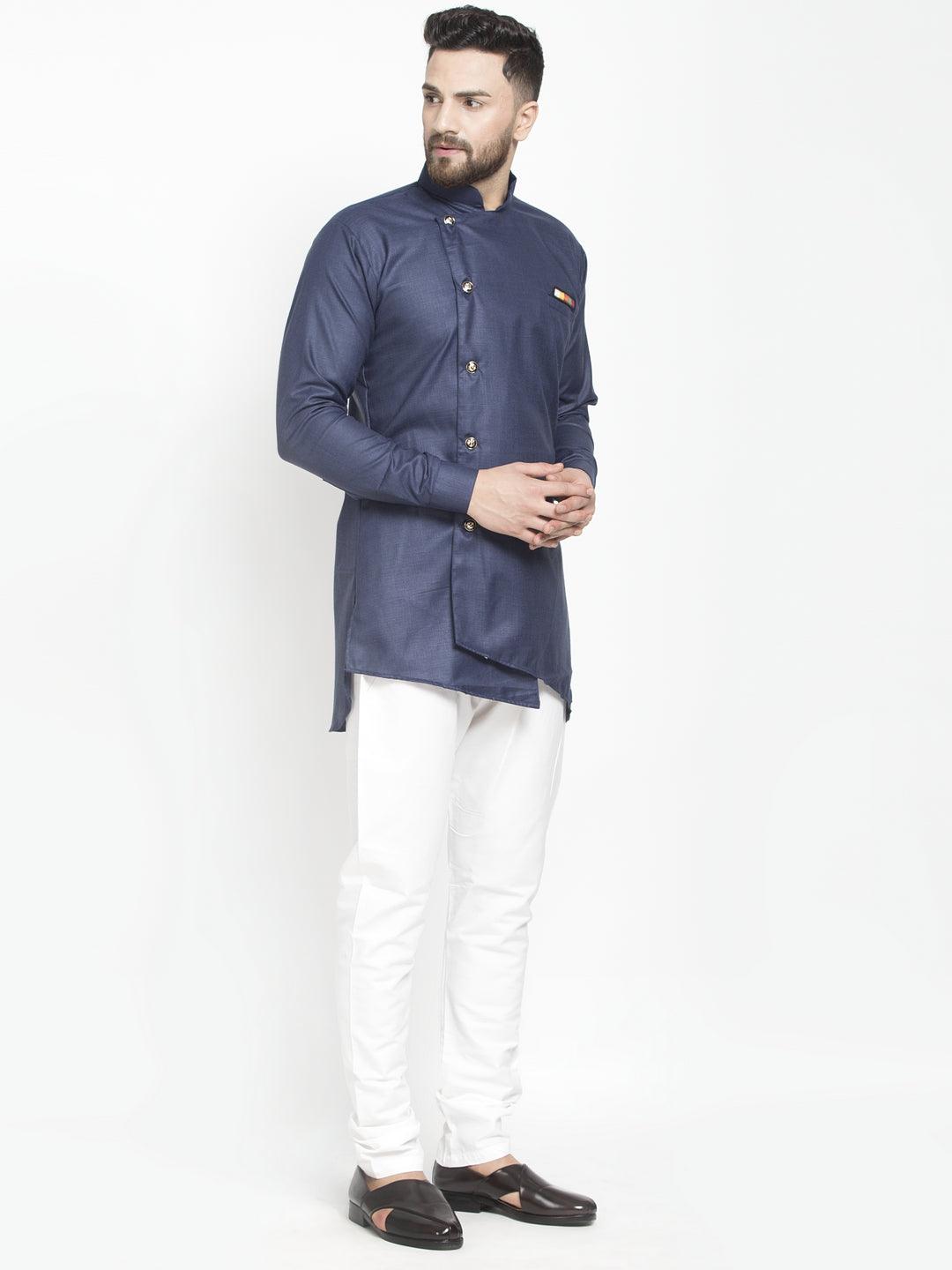 Men's Navy Blue Solid Short Kurta With White Pyjama - Benstoke - Indiakreations