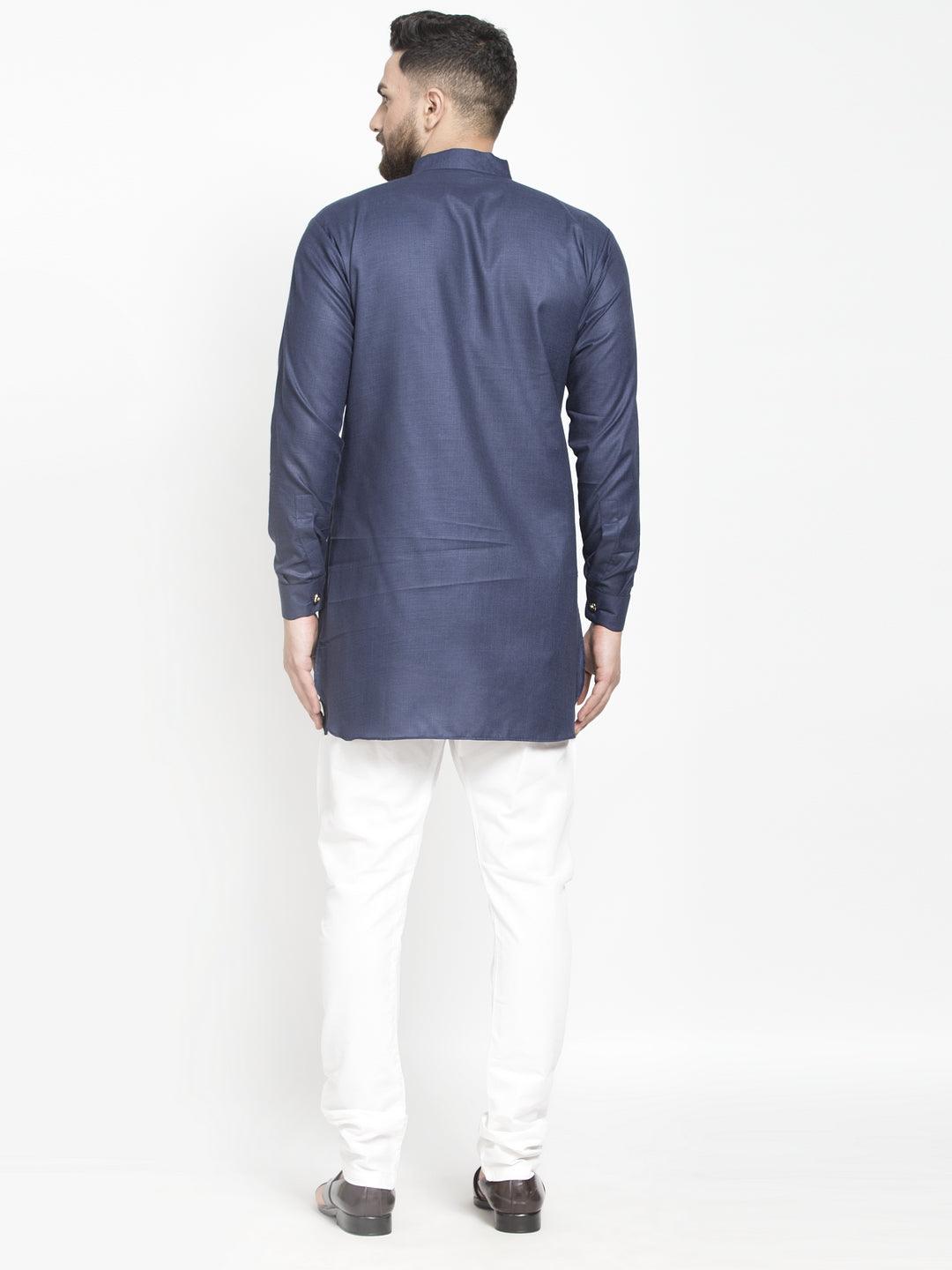 Men's Navy Blue Solid Short Kurta With White Pyjama - Benstoke - Indiakreations