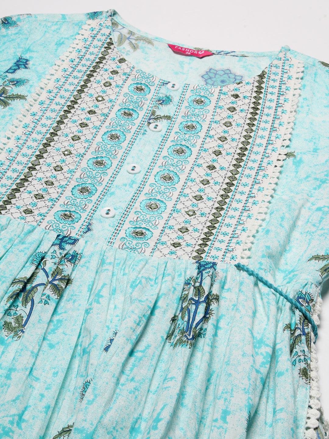 Floral Printed Mirror Embroidered High Slit Gathered Kurta With Pants & Dupatta - Sky Blue - Indiakreations