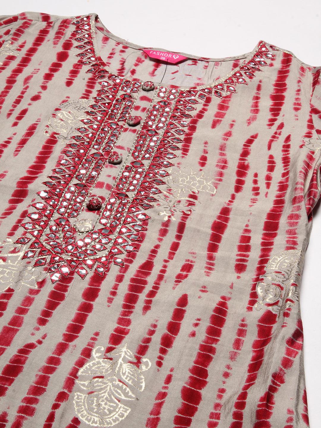 Shibori Printed Mirror & Resham Embroidered Kurta With Pants & Foil Printed Dupatta - Red - Indiakreations