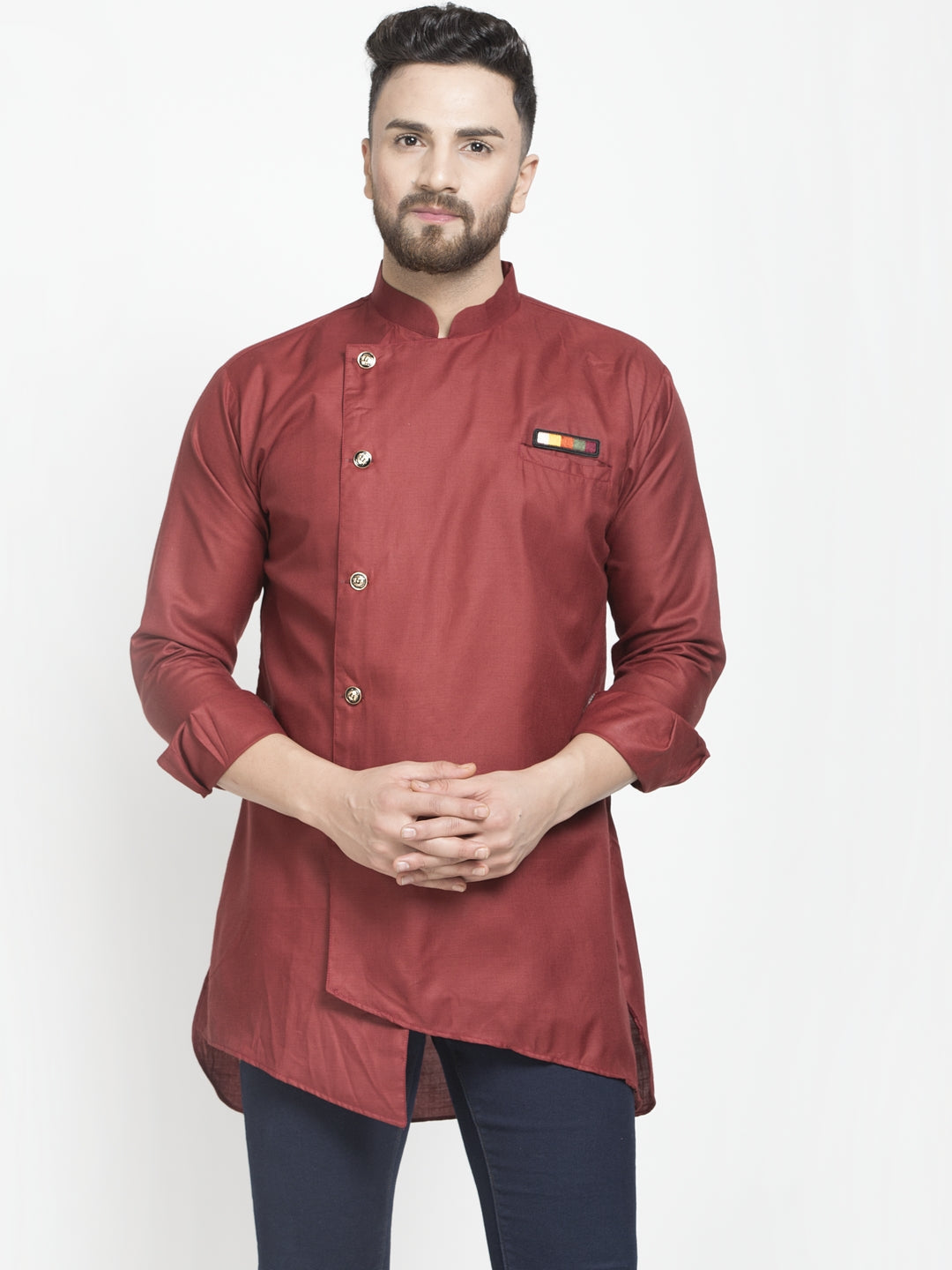 Men's Maroon Asymmetric Solid Short Kurta - Benstoke