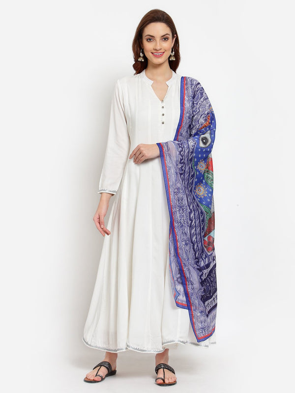 Women's White Solid Rayon Full Sleeve V Neck Casual Kurta Dupatta Set - Myshka