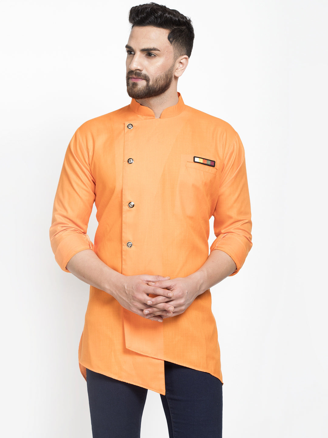 Men's Orange Asymmetric Solid Short Kurta - Benstoke