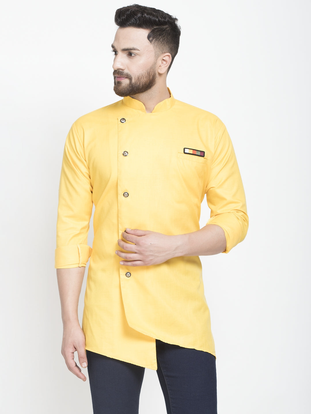 Men's Yellow Asymmetric Solid Short Kurta - Benstoke