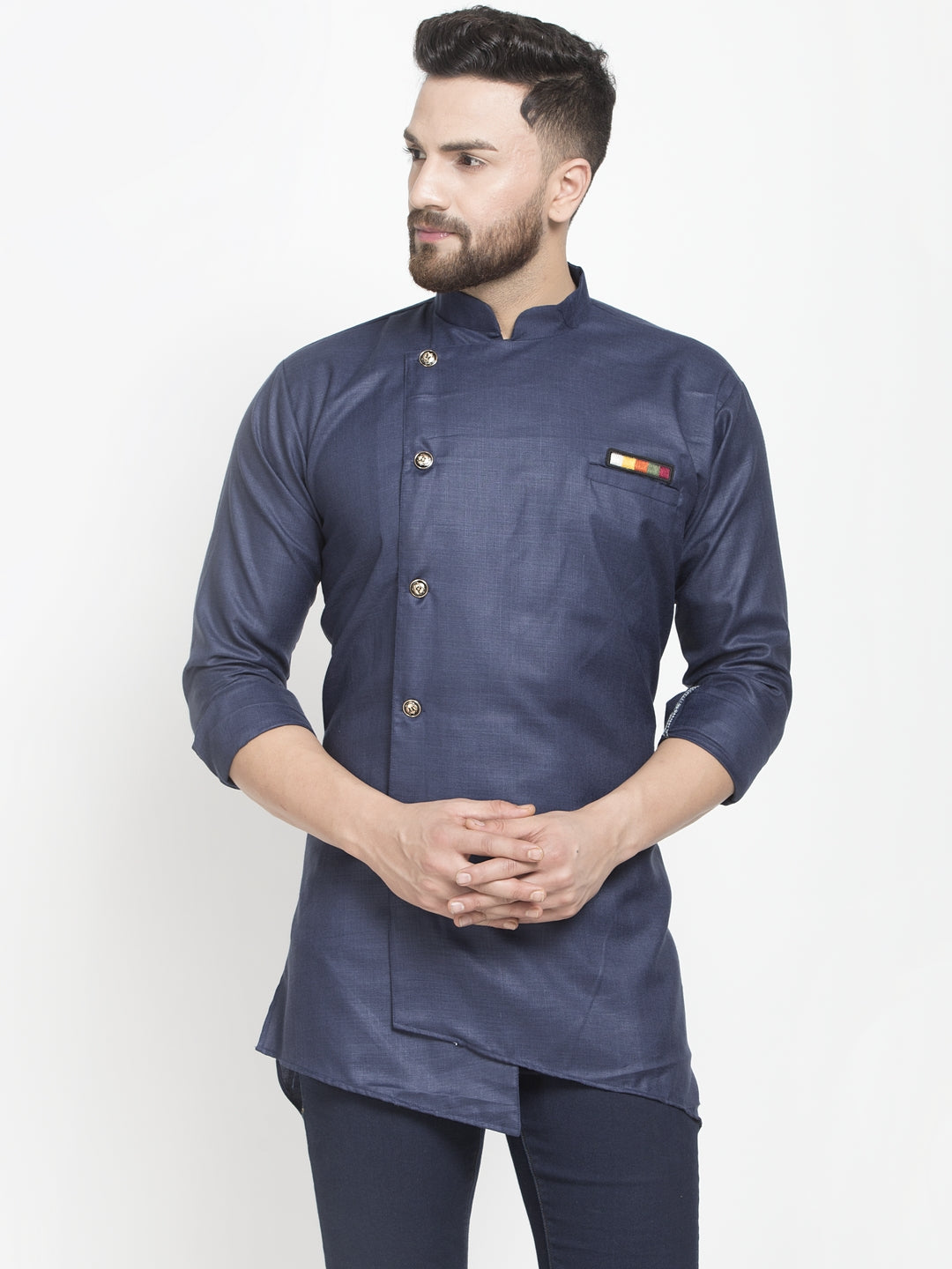 Men's Navy Blue Asymmetric Solid Short Kurta - Benstoke