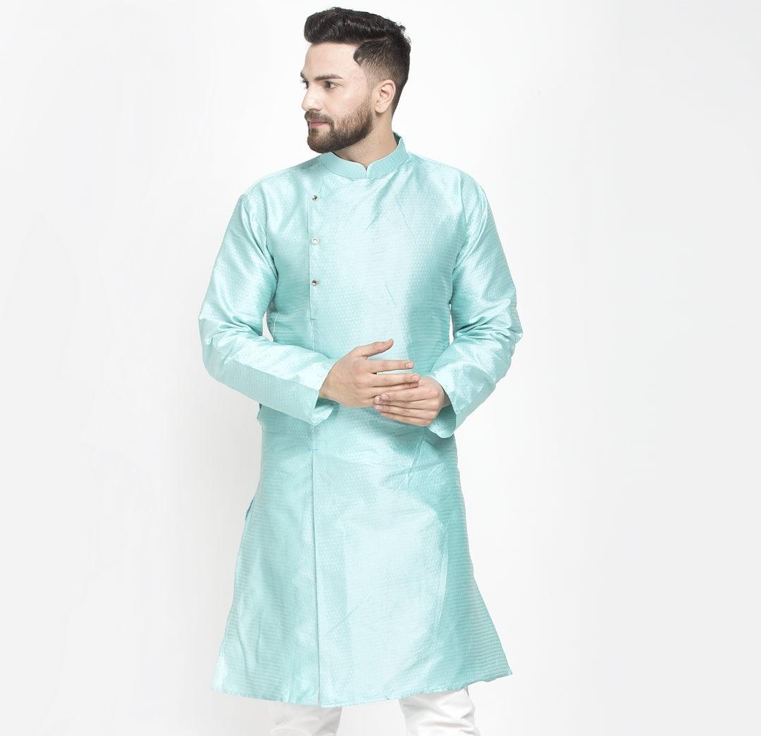 Men's Sky Blue Self Design Long Kurta - Benstoke - Indiakreations