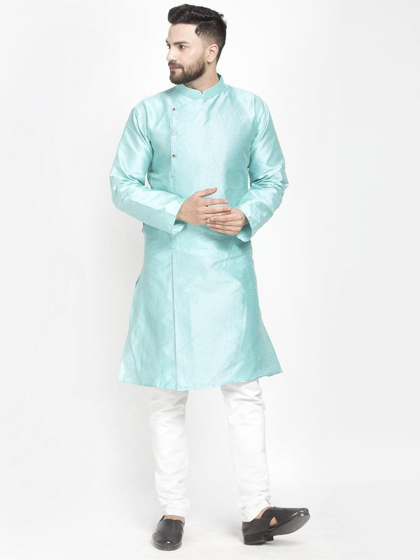 Men's Sky Blue Self Design Kurta With White Churidaar Pyjama - Benstoke - Indiakreations