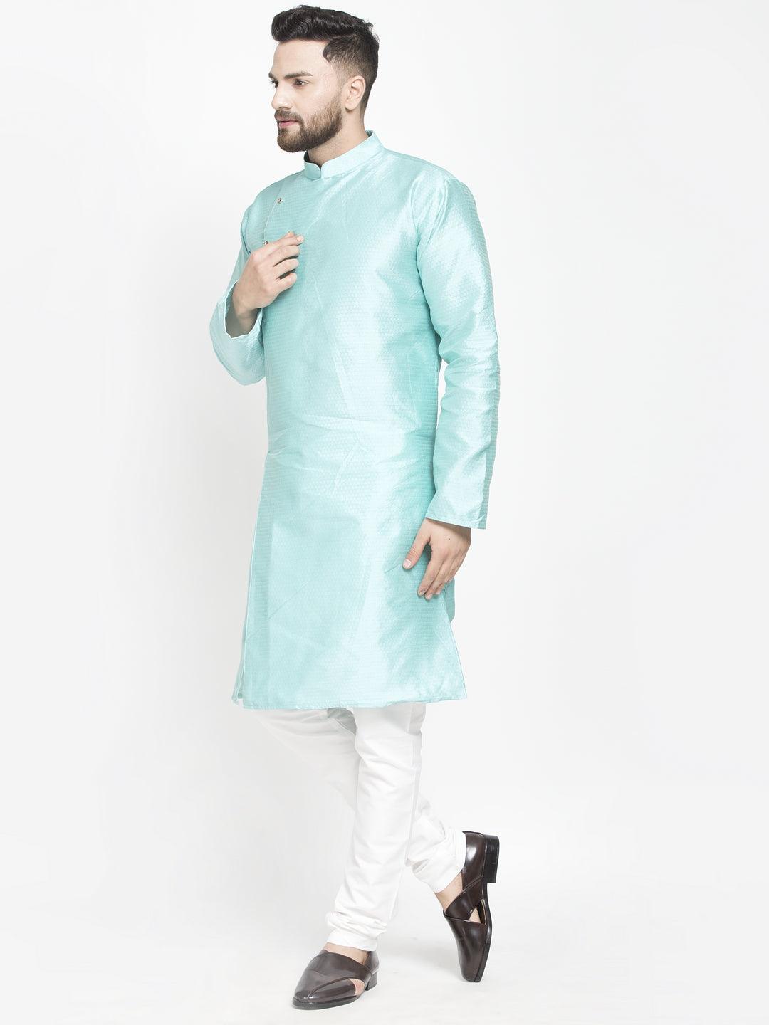 Men's Sky Blue Self Design Kurta With White Churidaar Pyjama - Benstoke - Indiakreations