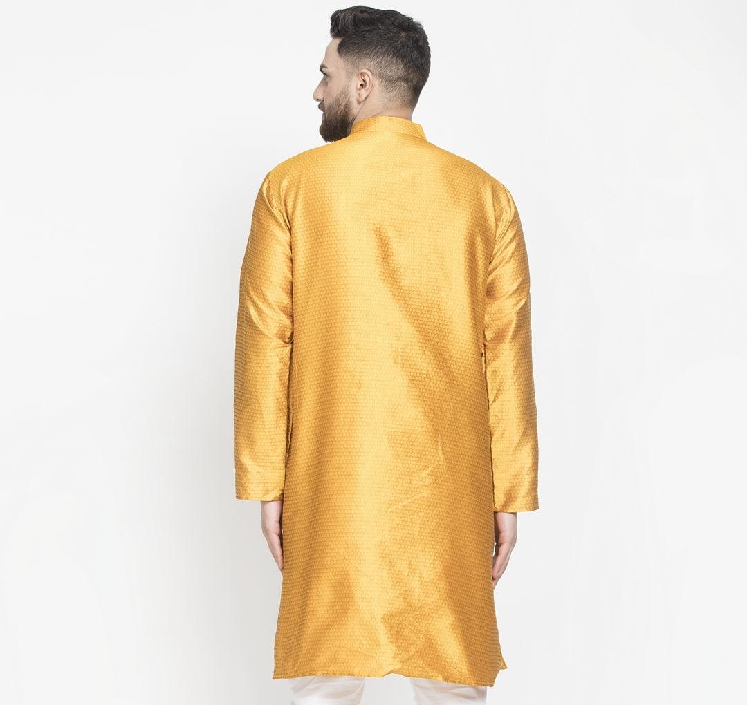 Men's Mustard Self Design Long Kurta - Benstoke - Indiakreations