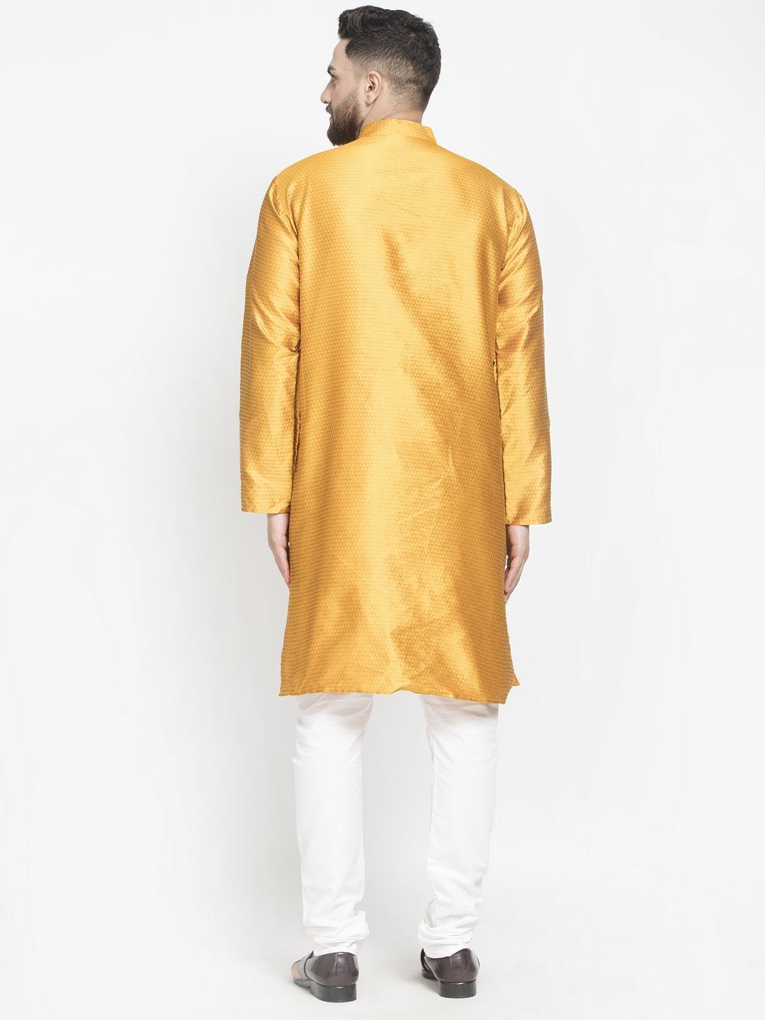 Men's Mustard Self Design Kurta With White Churidaar Pyjama - Benstoke - Indiakreations