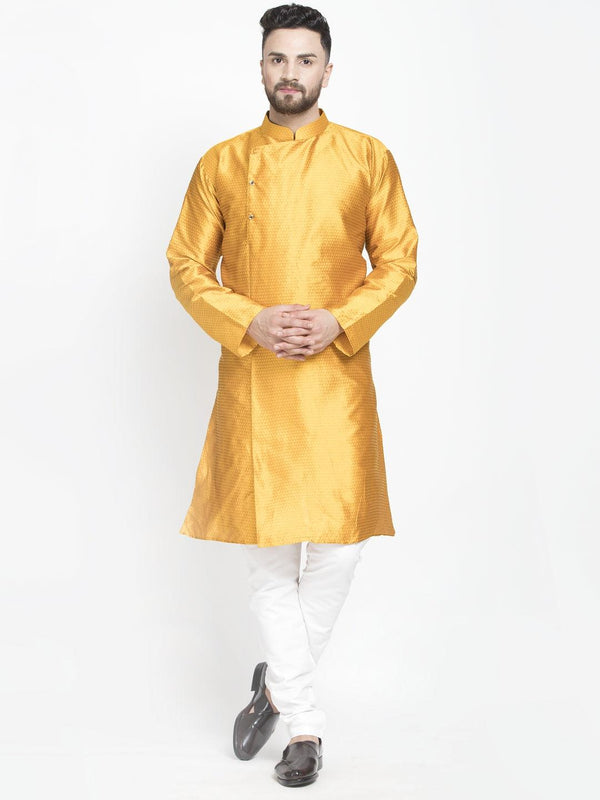 Men's Mustard Self Design Kurta With White Churidaar Pyjama - Benstoke - Indiakreations