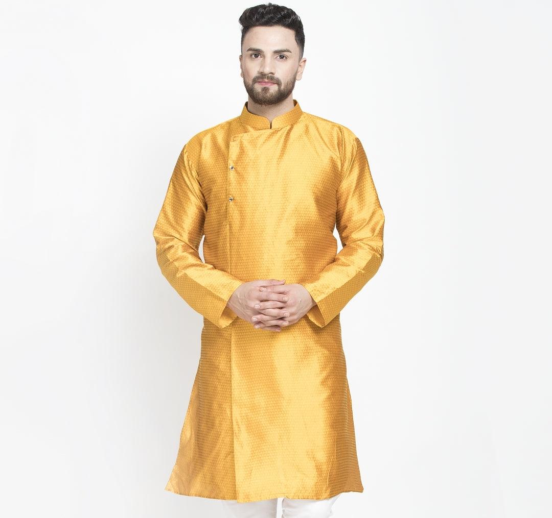 Men's Mustard Self Design Long Kurta - Benstoke - Indiakreations