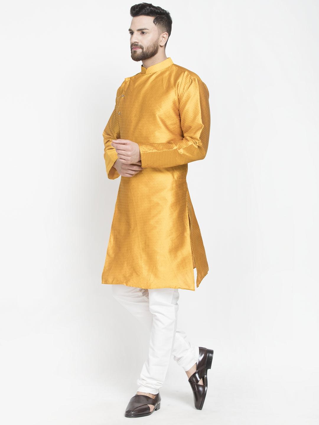 Men's Mustard Self Design Kurta With White Churidaar Pyjama - Benstoke - Indiakreations