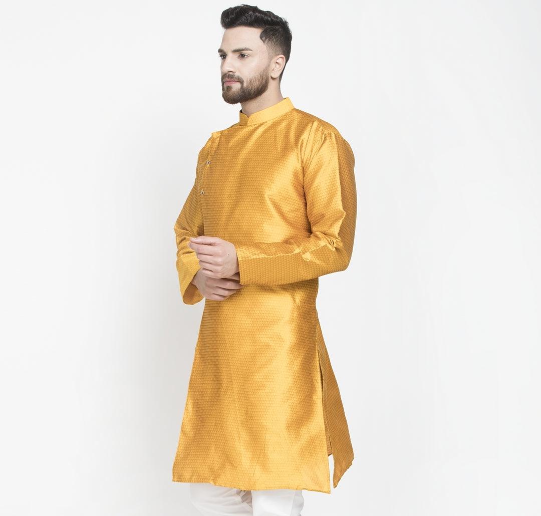 Men's Mustard Self Design Long Kurta - Benstoke - Indiakreations