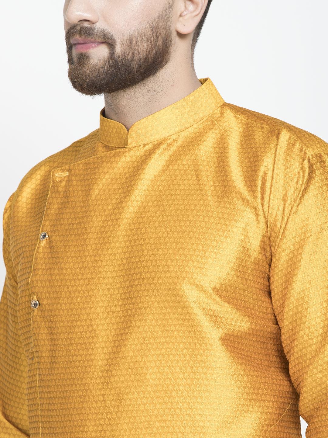 Men's Mustard Self Design Long Kurta - Benstoke - Indiakreations