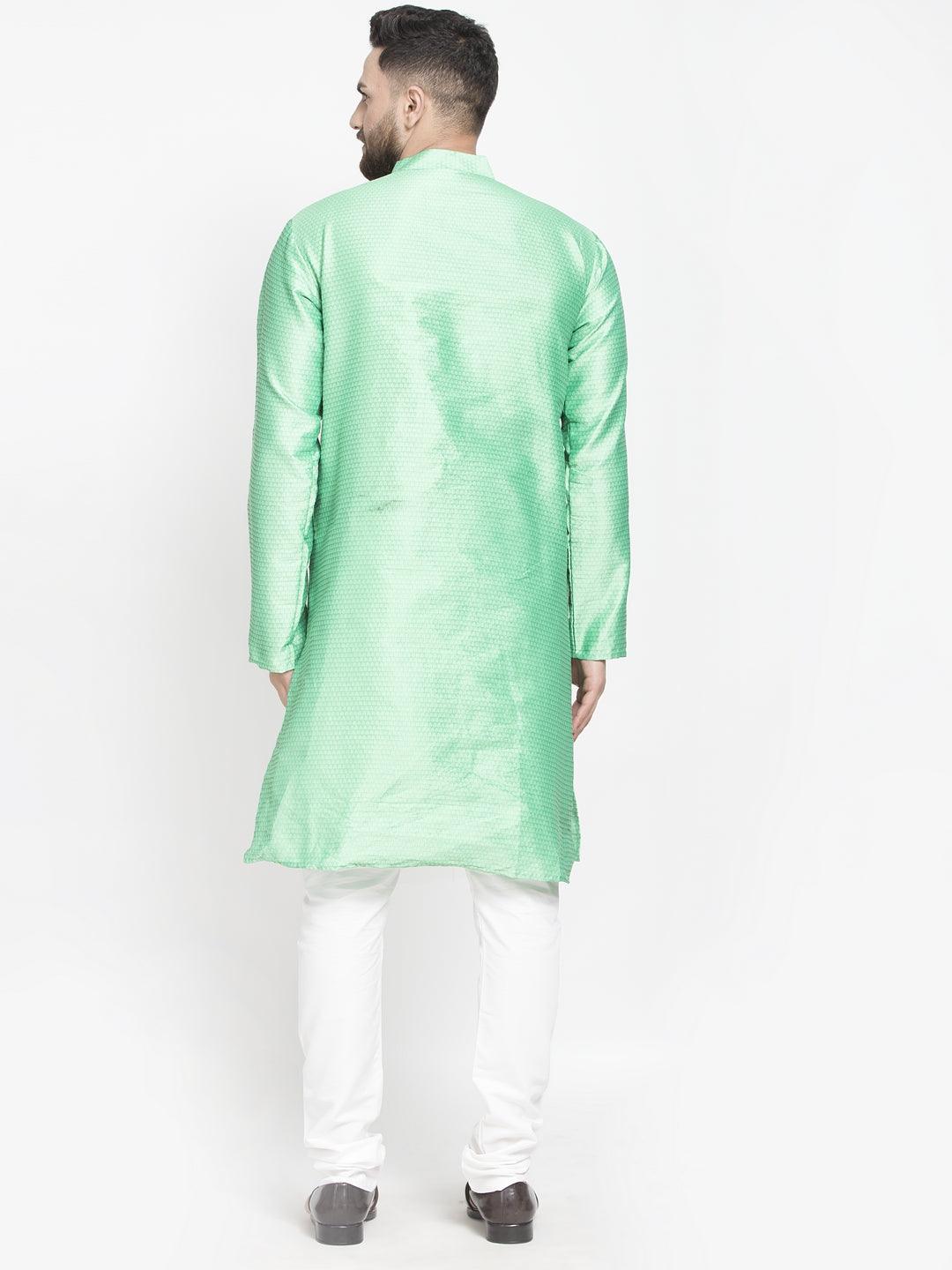 Men's Sea Green Self Design Kurta With White Churidaar Pyjama - Benstoke - Indiakreations