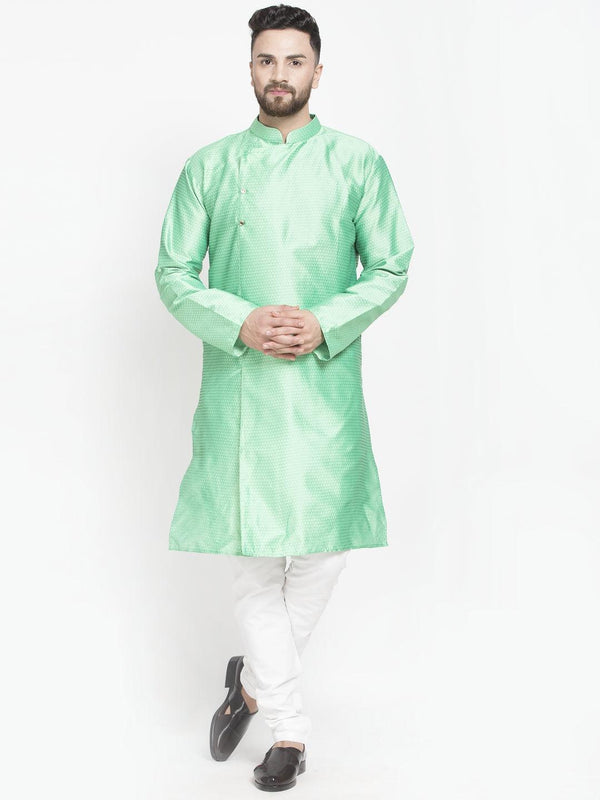 Men's Sea Green Self Design Kurta With White Churidaar Pyjama - Benstoke - Indiakreations