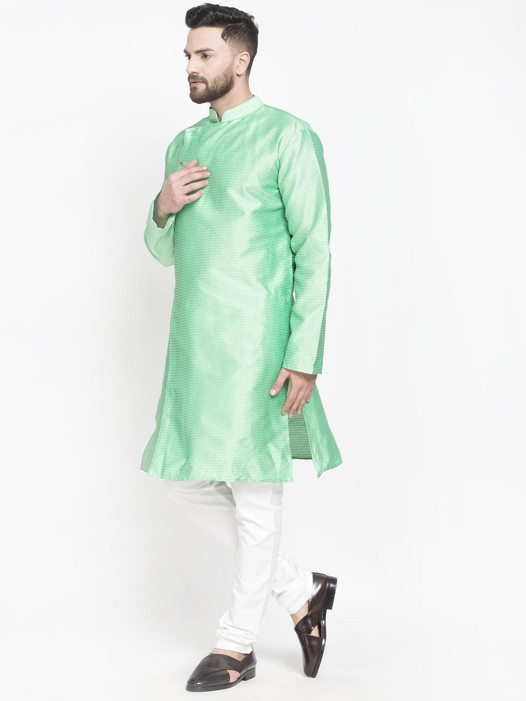 Men's Sea Green Self Design Kurta With White Churidaar Pyjama - Benstoke - Indiakreations