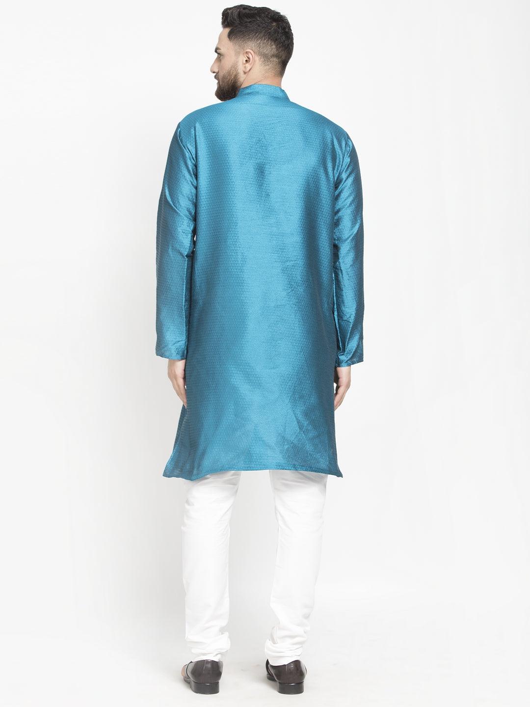 Men's Peacock Blue Self Design Kurta With White Churidaar Pyjama - Benstoke - Indiakreations