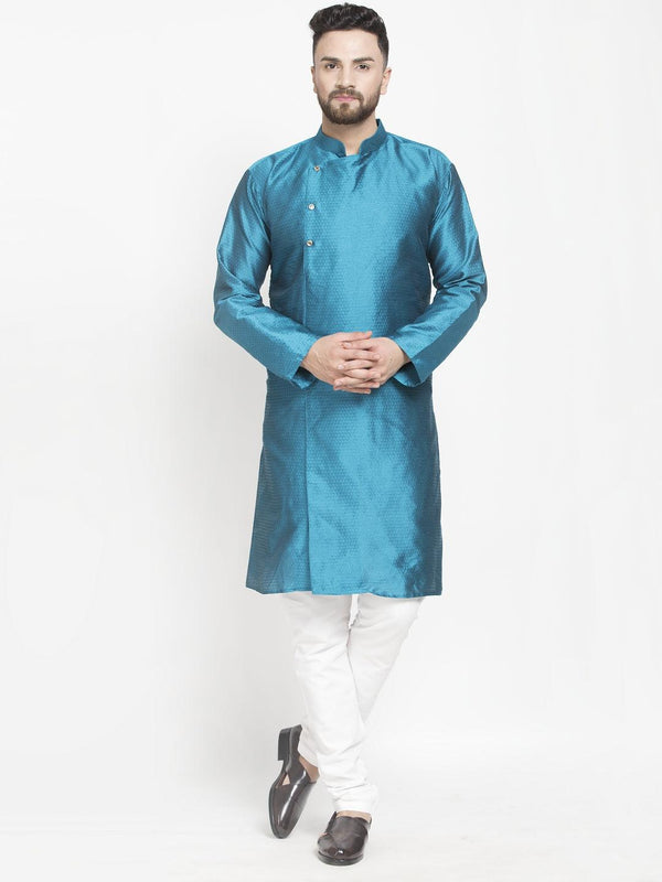 Men's Peacock Blue Self Design Kurta With White Churidaar Pyjama - Benstoke - Indiakreations