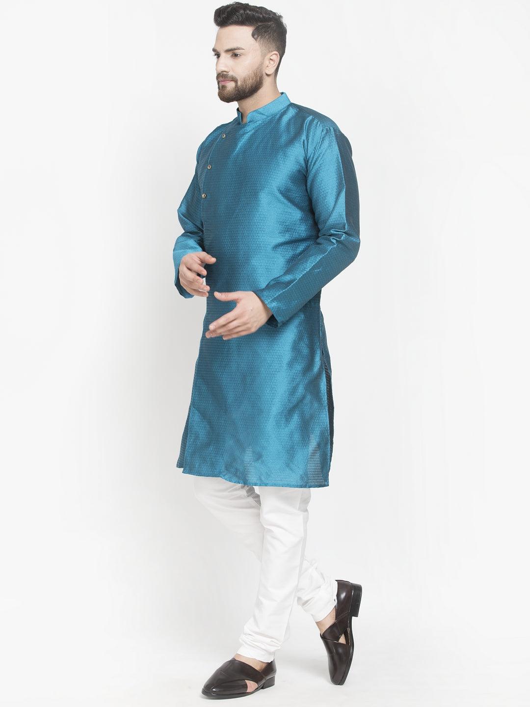 Men's Peacock Blue Self Design Kurta With White Churidaar Pyjama - Benstoke - Indiakreations