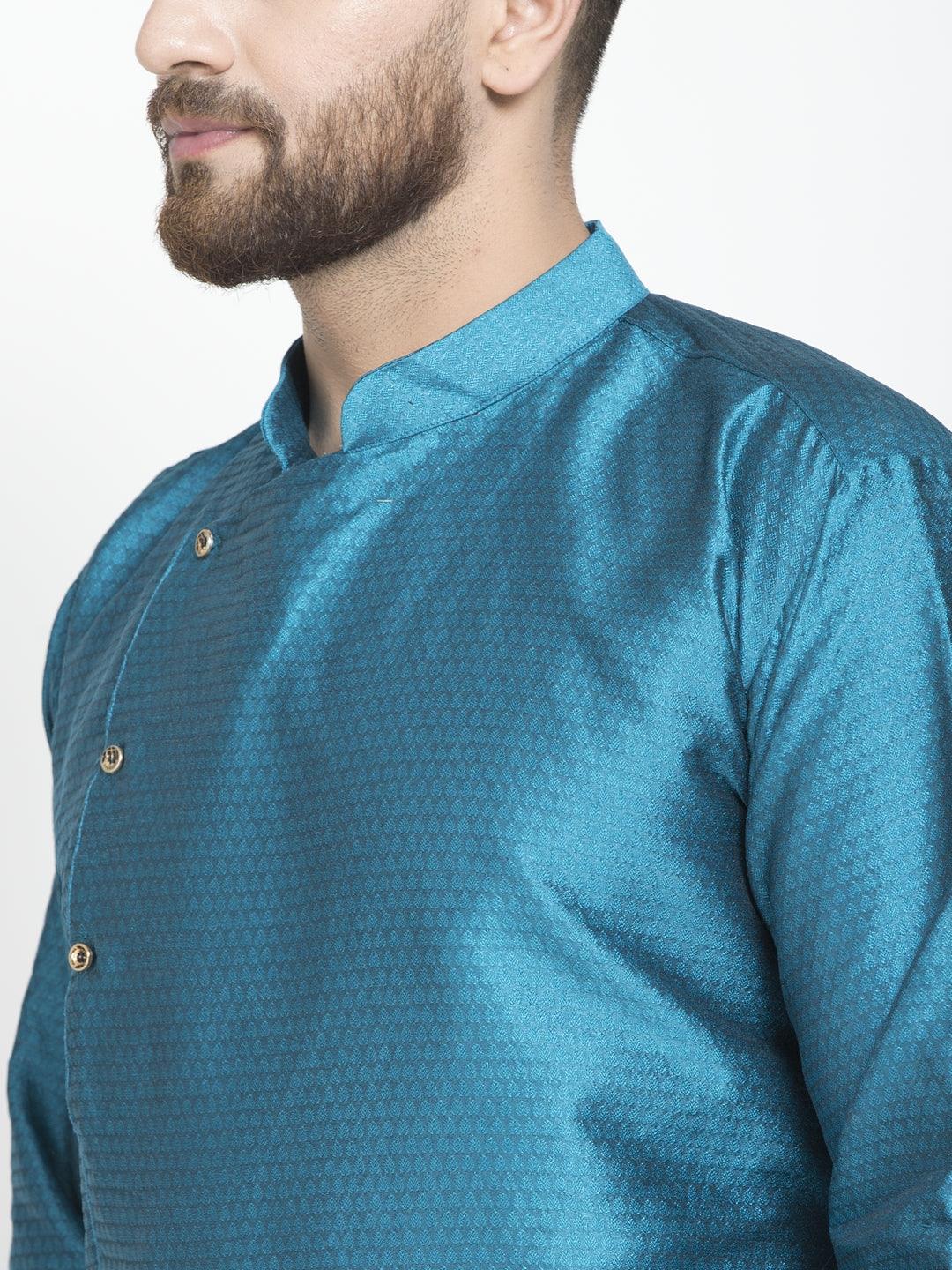 Men's Peacock Blue Self Design Kurta With White Churidaar Pyjama - Benstoke - Indiakreations