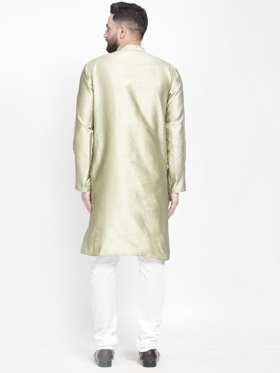 Men's Beige Self Design Kurta With White Churidaar Pyjama - Benstoke - Indiakreations