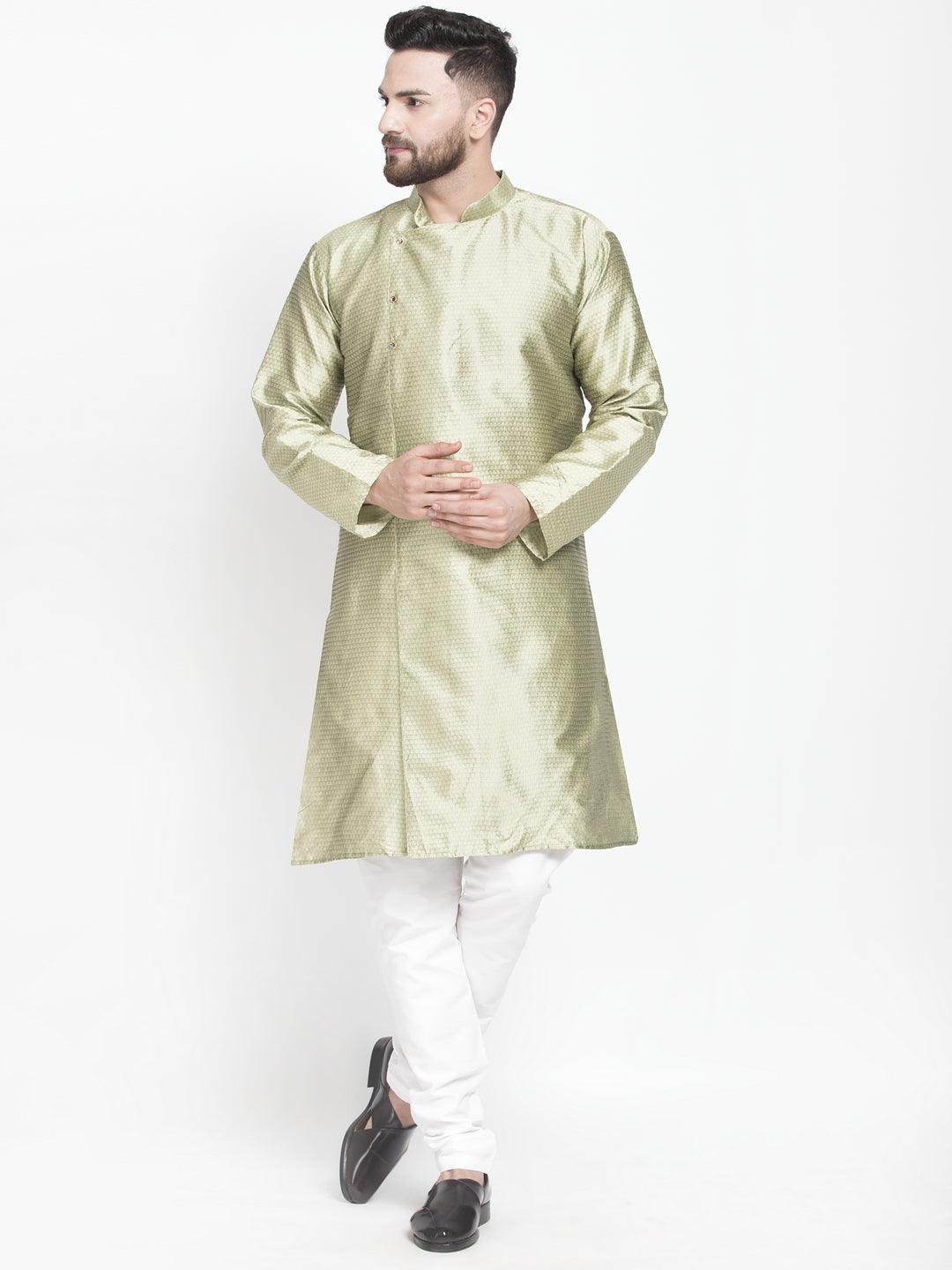 Men's Beige Self Design Kurta With White Churidaar Pyjama - Benstoke - Indiakreations