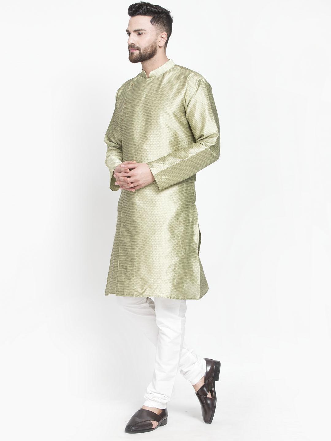 Men's Beige Self Design Kurta With White Churidaar Pyjama - Benstoke - Indiakreations