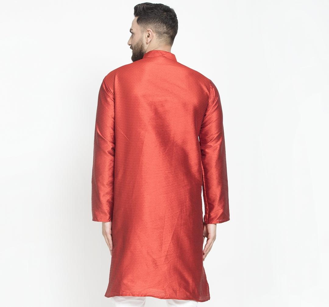 Men's Red Self Design Long Kurta - Benstoke - Indiakreations