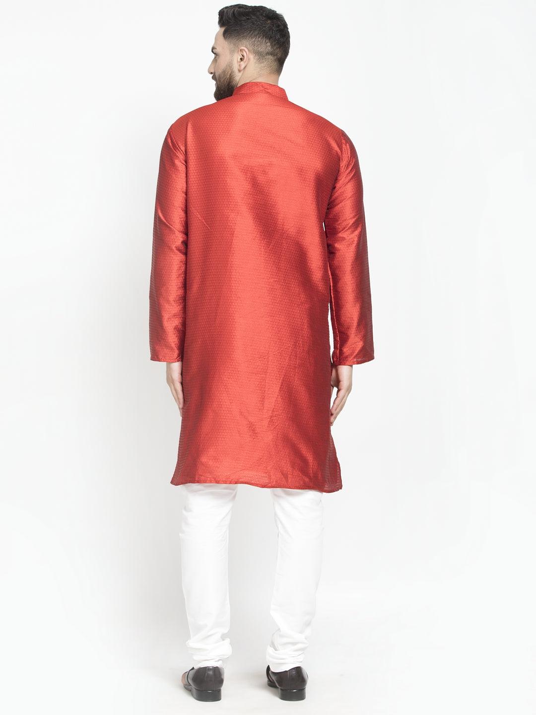 Men's Red Self Design Kurta With White Churidaar Pyjama - Benstoke - Indiakreations