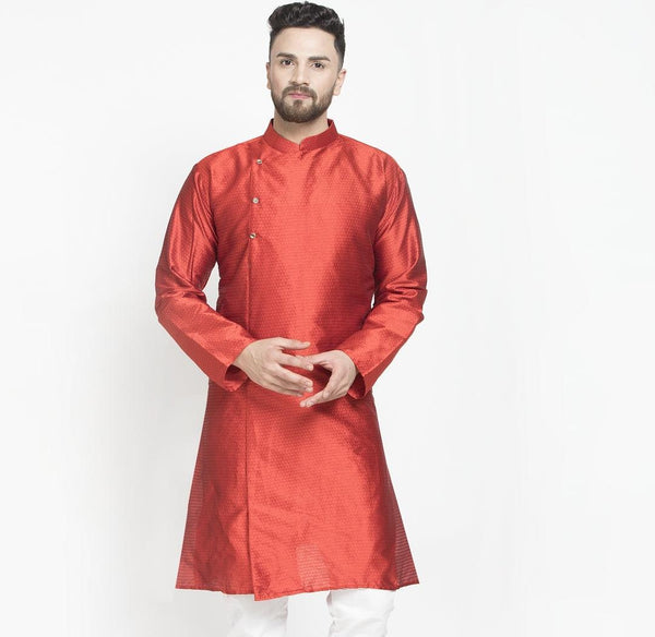 Men's Red Self Design Long Kurta - Benstoke - Indiakreations