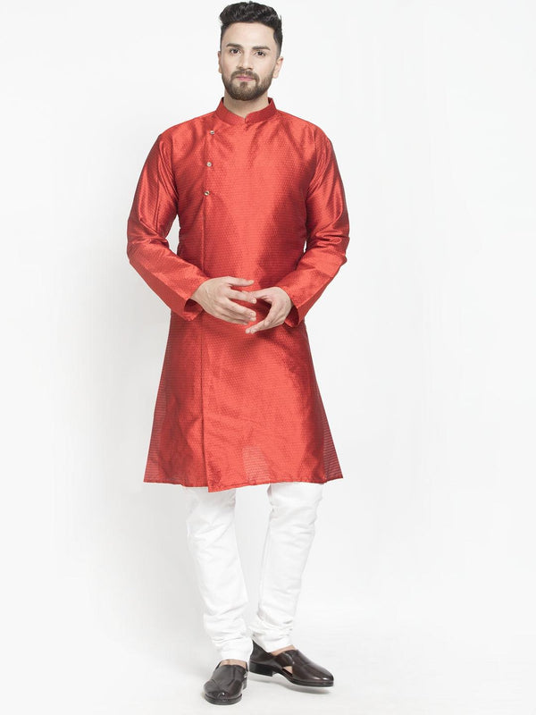 Men's Red Self Design Kurta With White Churidaar Pyjama - Benstoke - Indiakreations