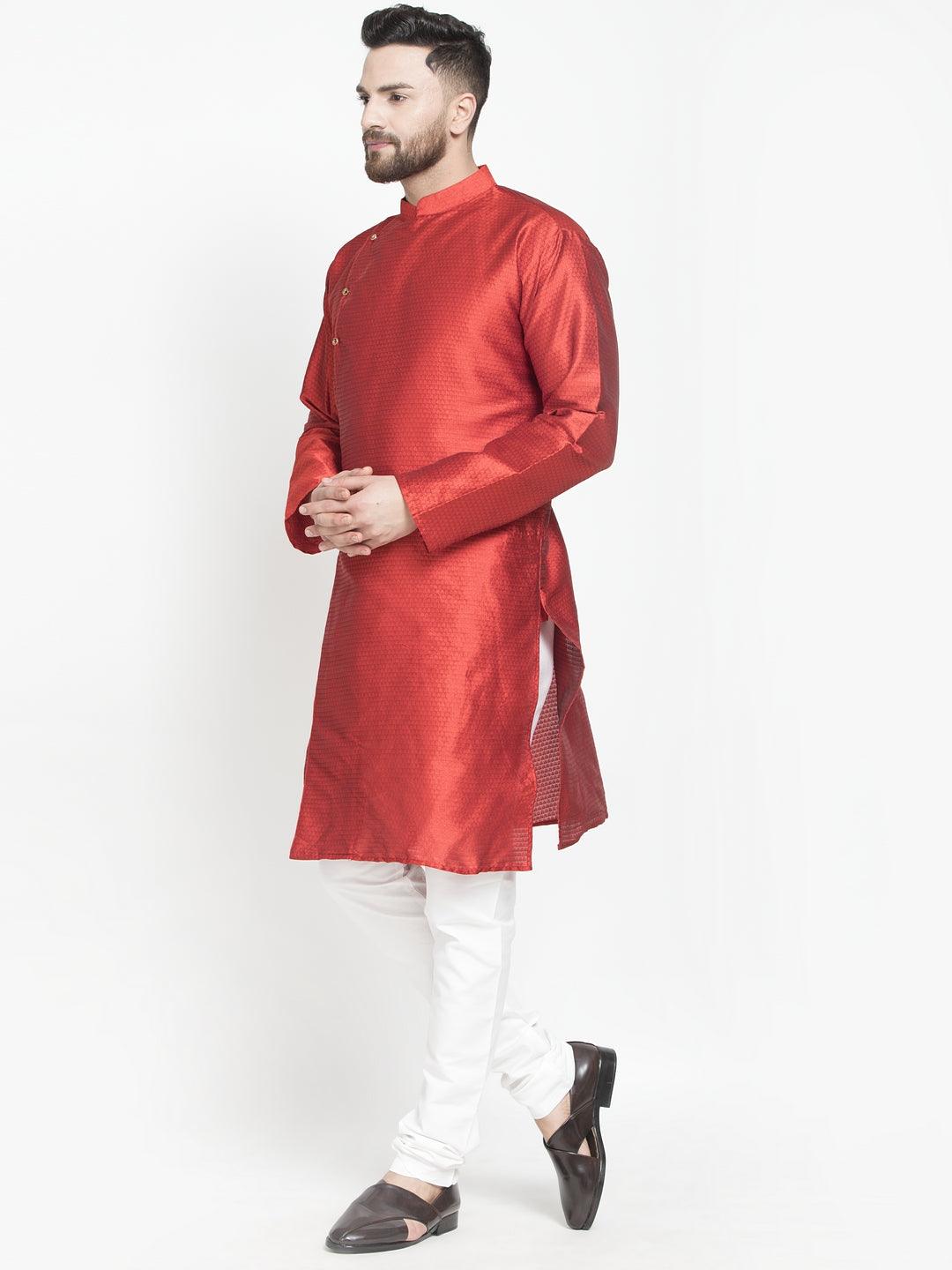 Men's Red Self Design Kurta With White Churidaar Pyjama - Benstoke - Indiakreations