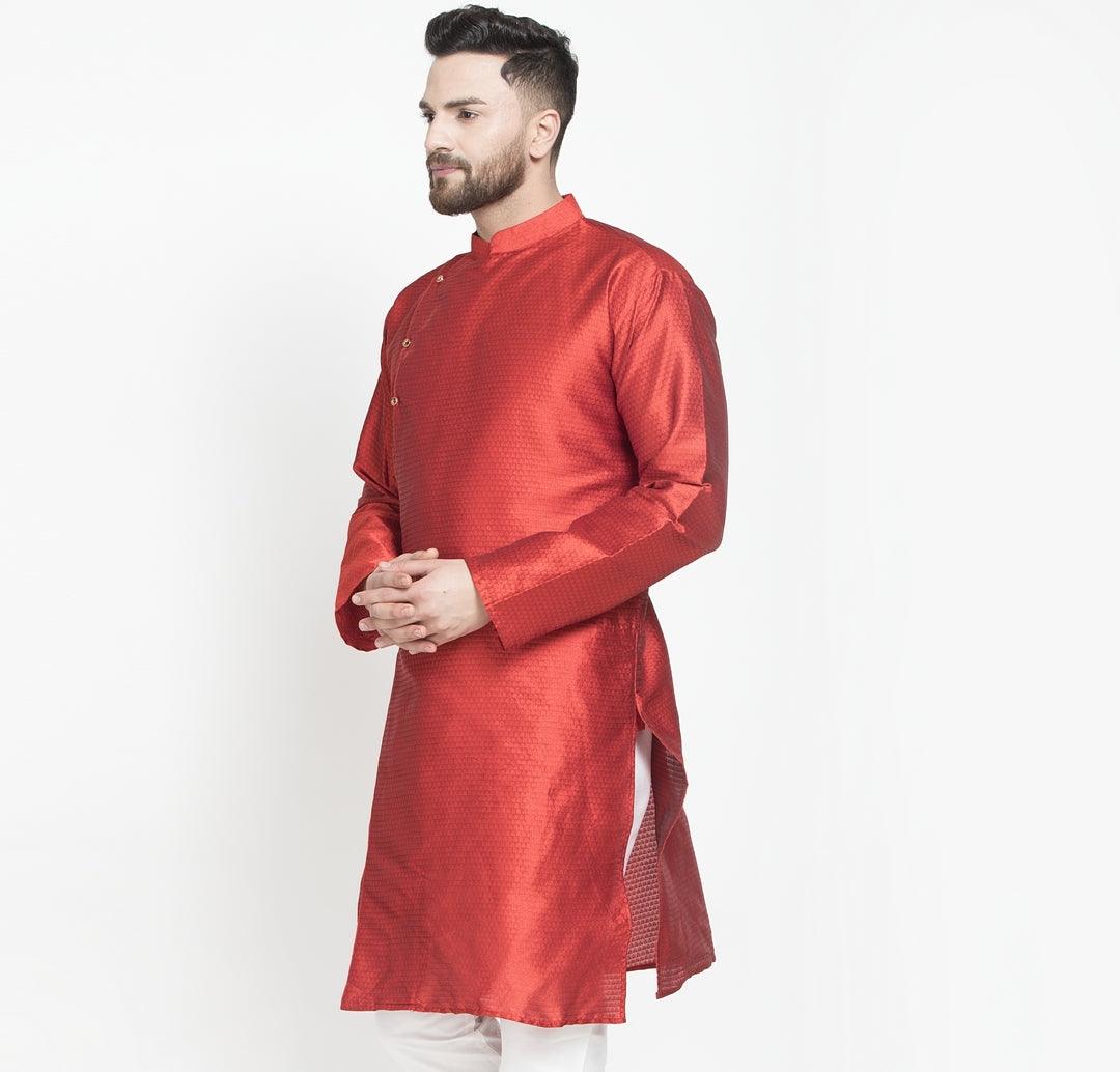 Men's Red Self Design Long Kurta - Benstoke - Indiakreations