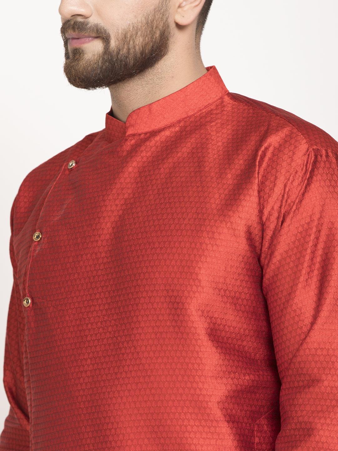 Men's Red Self Design Long Kurta - Benstoke - Indiakreations