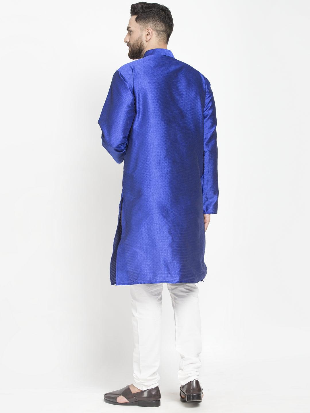 Men's Royal Blue Self Design Kurta With White Churidaar Pyjama - Benstoke - Indiakreations