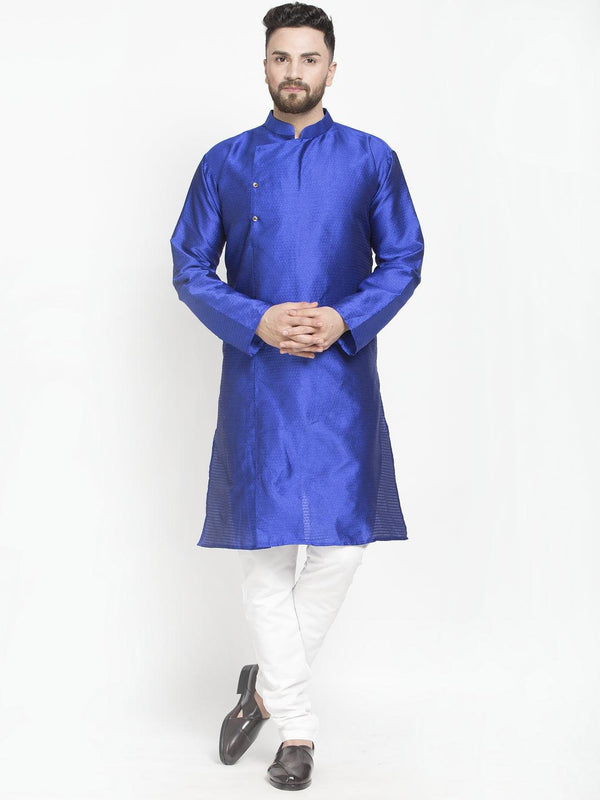 Men's Royal Blue Self Design Kurta With White Churidaar Pyjama - Benstoke - Indiakreations