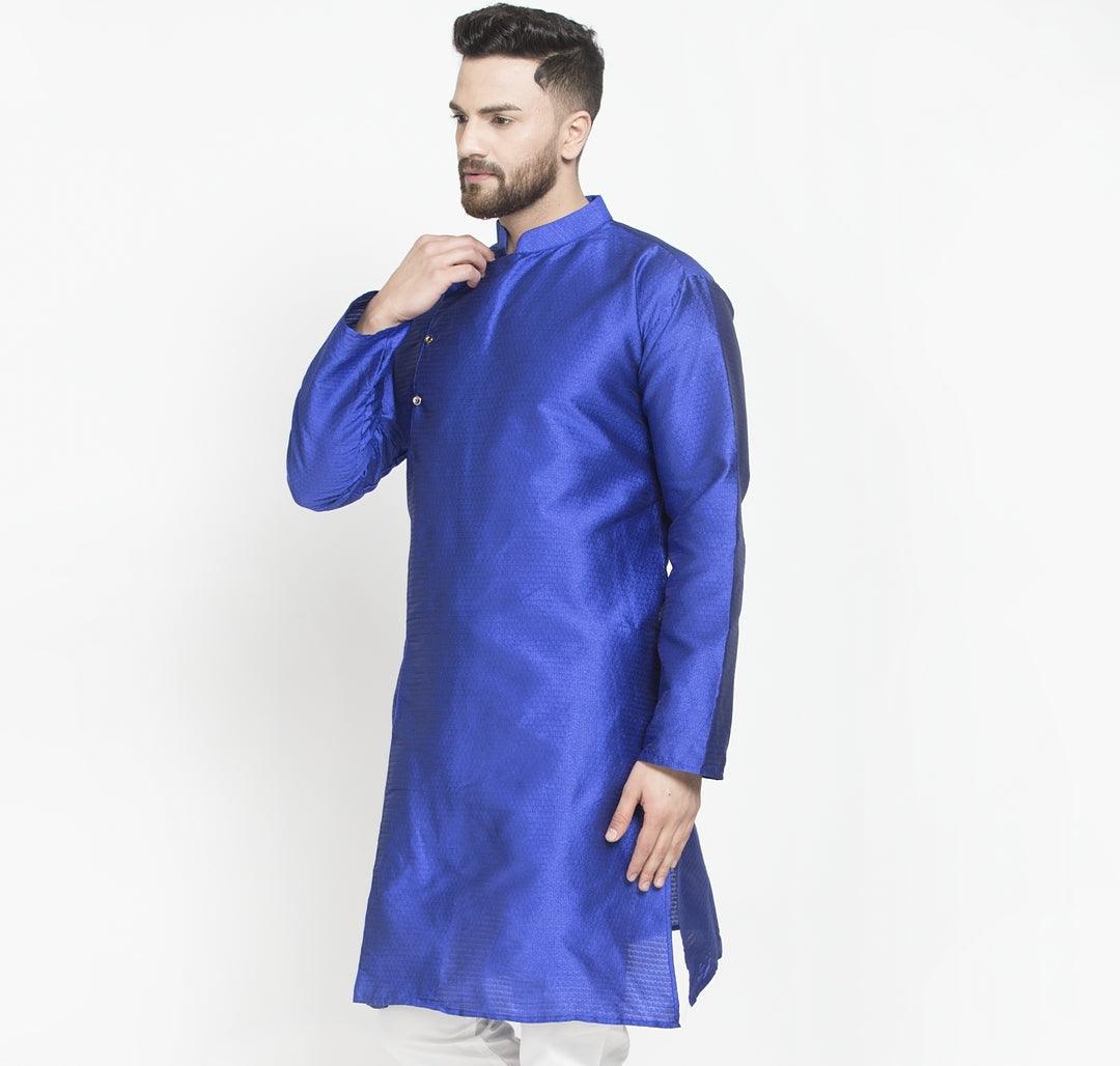 Men's Royal Blue Self Design Long Kurta - Benstoke - Indiakreations