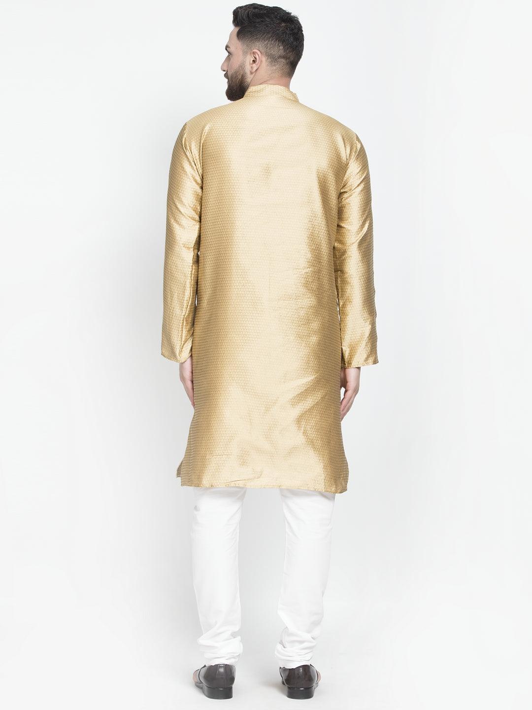 Men's Gold Self Design Kurta With White Churidaar Pyjama - Benstoke - Indiakreations